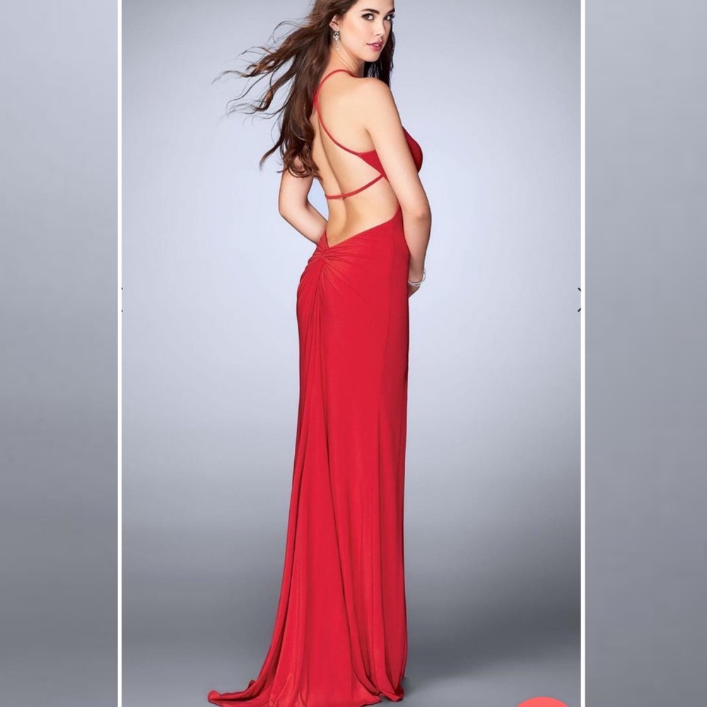 La Femme 24351 Strappy Back Halter Jersey Maxi Red Poppy Dress